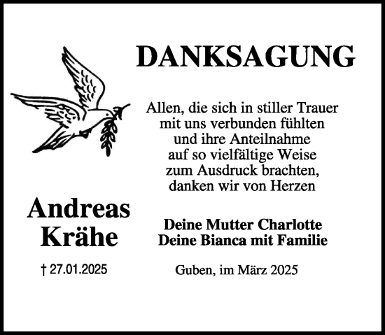 Traueranzeige von Andreas Krähe von WochenKurier