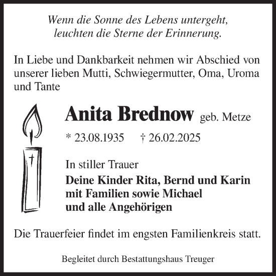 Traueranzeige von Anita Brednow von WochenKurier