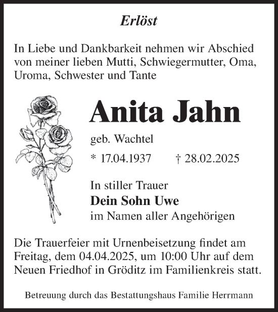 Traueranzeige von Anita Jahn von WochenKurier