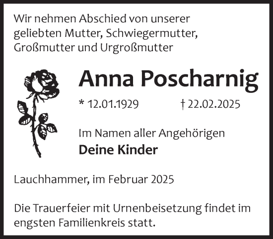 Traueranzeige von Anna Poscharnig von WochenKurier