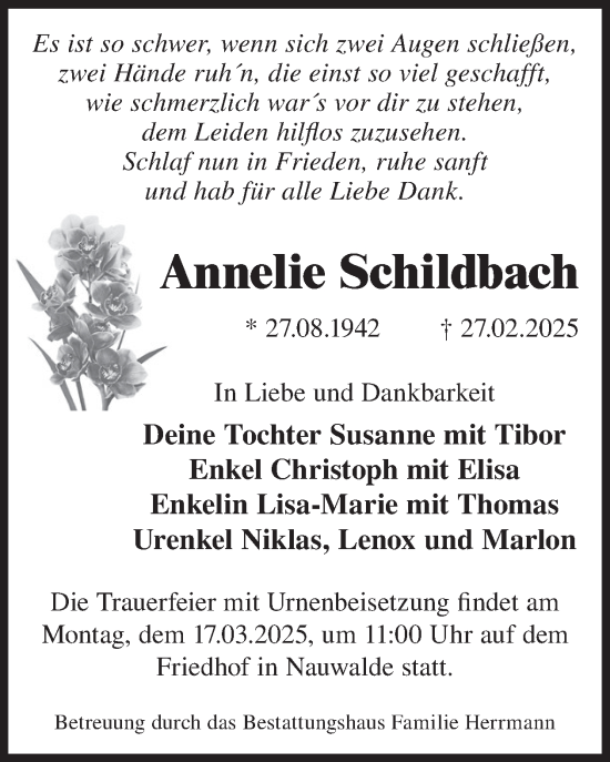 Traueranzeige von Annelie Schildbach von WochenKurier