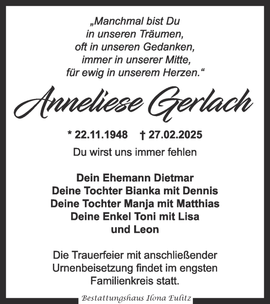 Traueranzeige von Anneliese Gerlach von WochenKurier