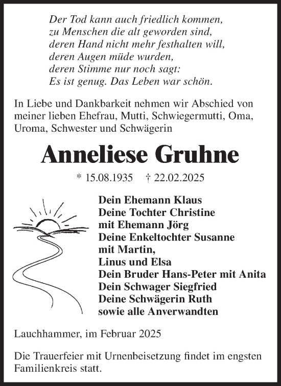 Traueranzeige von Anneliese Gruhne von WochenKurier