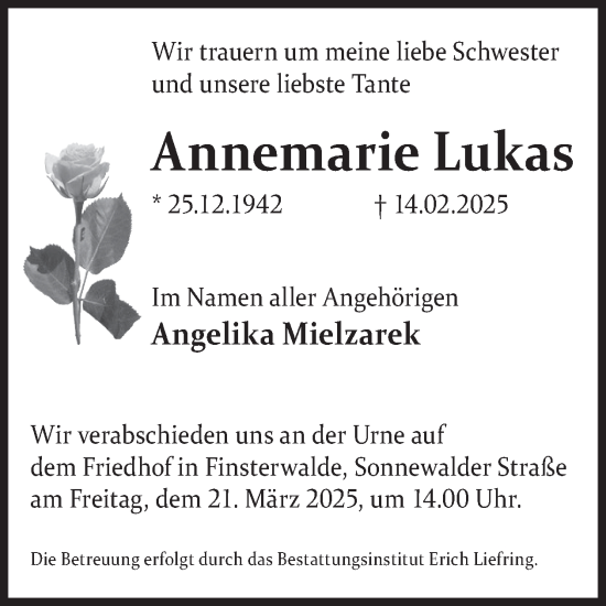 Traueranzeige von Annemarie Lukas von WochenKurier