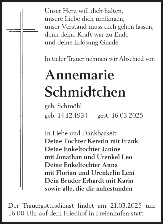 Traueranzeige von Annemarie Schmidtchen von WochenKurier
