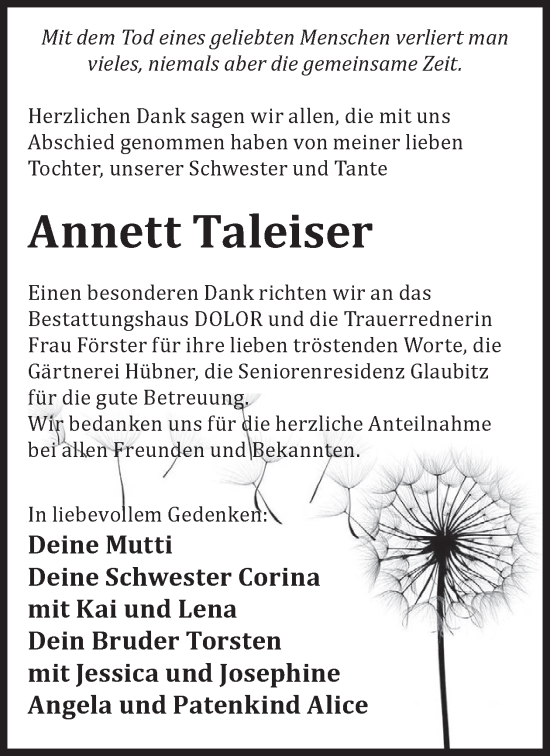 Traueranzeige von Annett Taleiser von WochenKurier