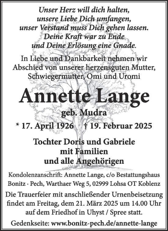 Traueranzeige von Annette Lange von WochenKurier