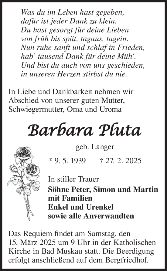 Traueranzeige von Barbara Pluta von WochenKurier