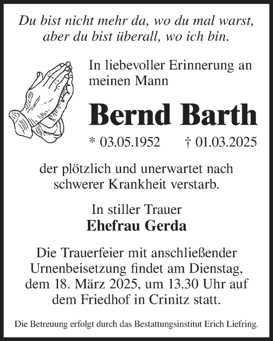 Traueranzeige von Bernd Barth von WochenKurier