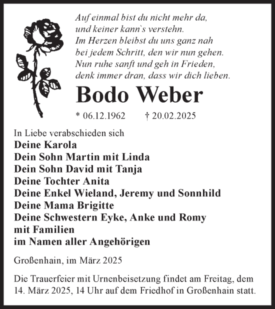 Traueranzeige von Bodo Weber von WochenKurier