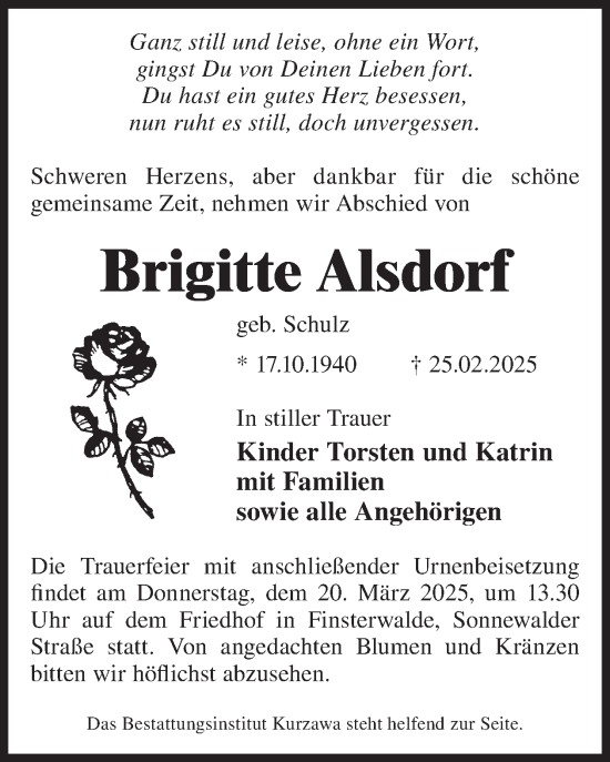 Traueranzeige von Brigitte Alsdorf von WochenKurier