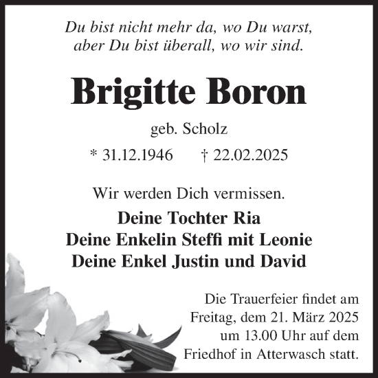 Traueranzeige von Brigitte Boron von WochenKurier