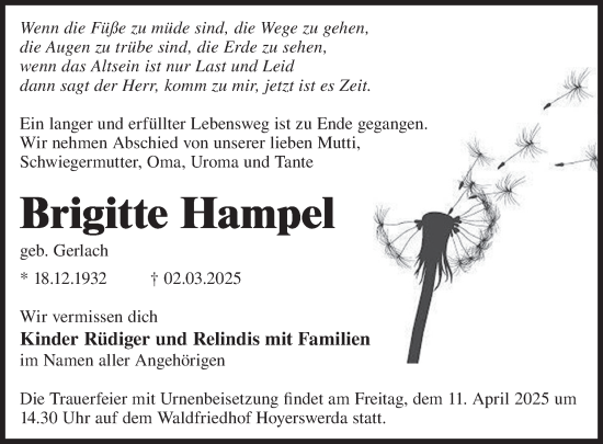 Traueranzeige von Brigitte Hampel von WochenKurier