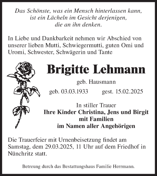 Traueranzeige von Brigitte Lehmann von WochenKurier