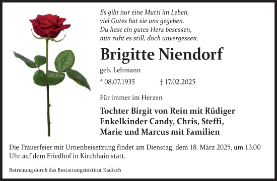 Traueranzeige von Brigitte Niendorf von WochenKurier