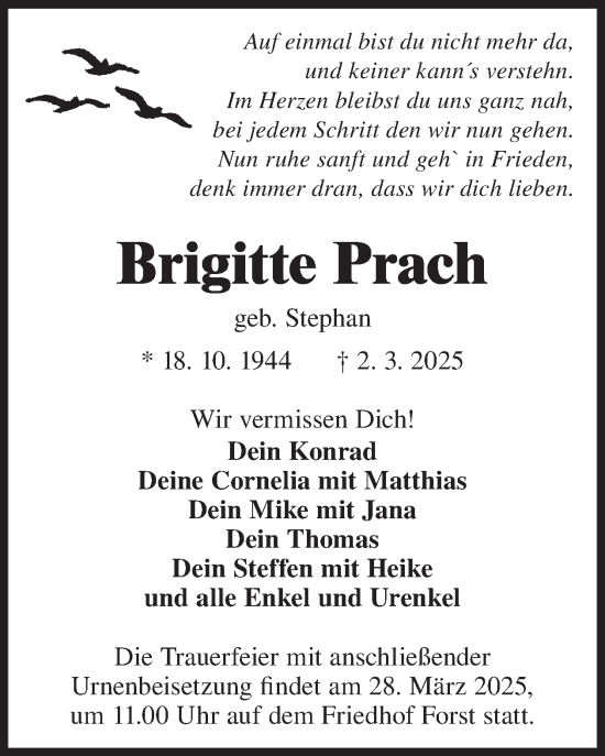 Traueranzeige von Brigitte Prach von WochenKurier