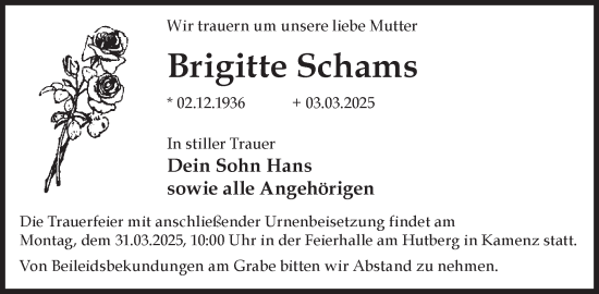 Traueranzeige von Brigitte Schams von WochenKurier