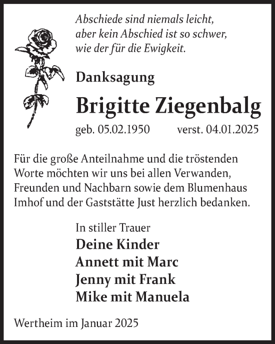 Traueranzeige von Brigitte Ziegenbalg von WochenKurier