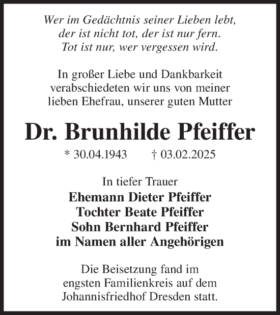 Traueranzeige von Brunhilde Pfeiffer von WochenKurier