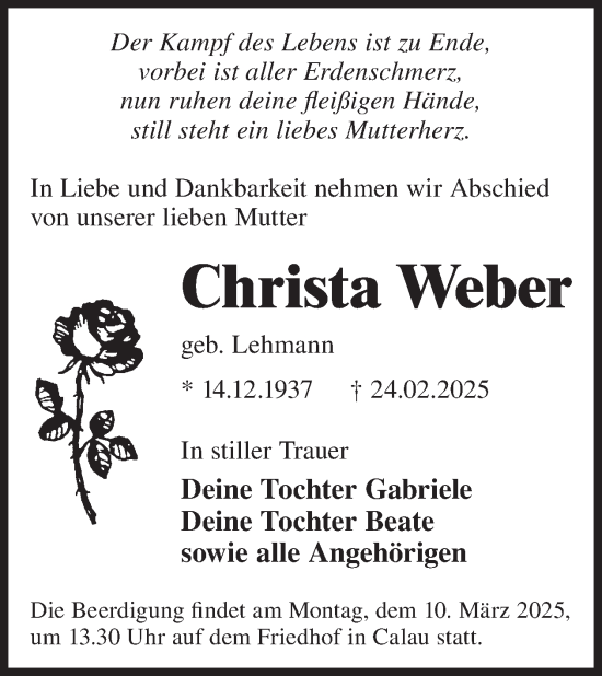 Traueranzeige von Christa Weber von WochenKurier