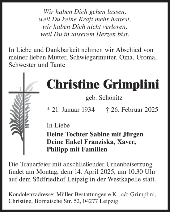 Traueranzeige von Christine Grimplini von WochenKurier