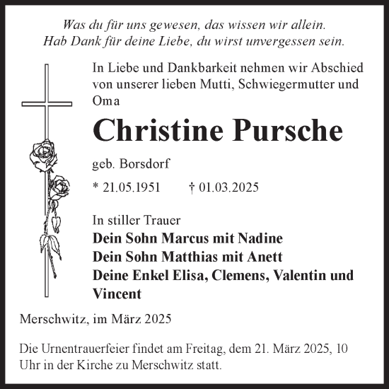 Traueranzeige von Christine Pursche von WochenKurier