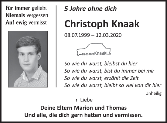 Traueranzeige von Christoph Knaak von WochenKurier