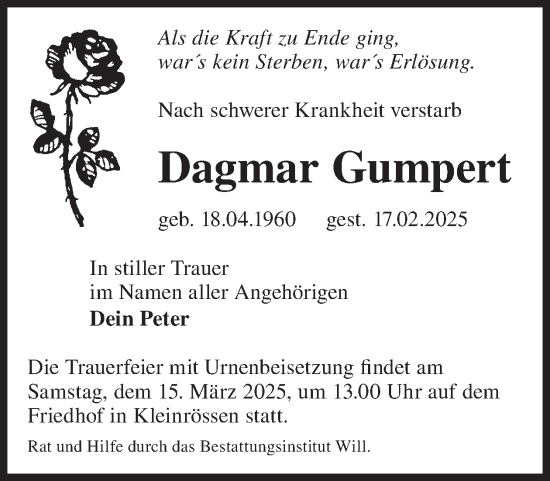 Traueranzeige von Dagmar Gumpert von WochenKurier