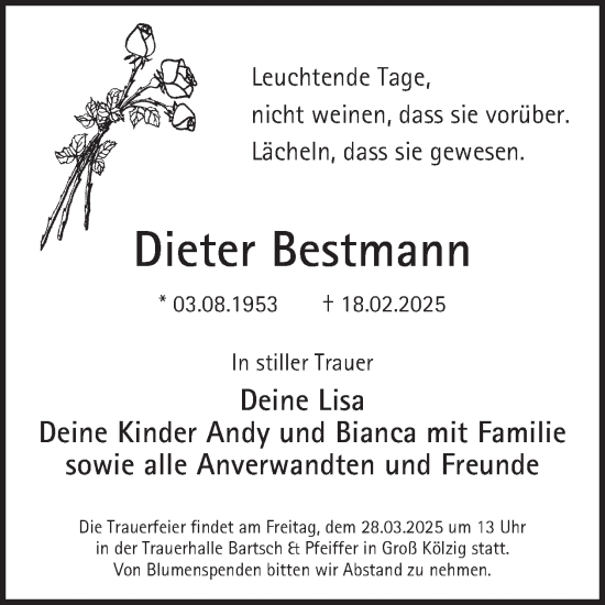 Traueranzeige von Dieter Bestmann von WochenKurier