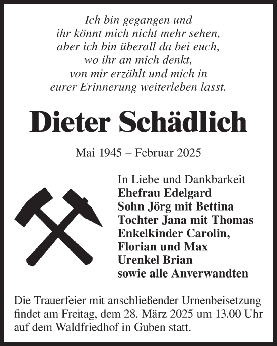 Traueranzeige von Dieter Schädlich von WochenKurier