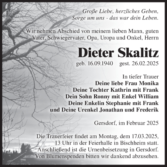 Traueranzeige von Dieter Skalitz von WochenKurier