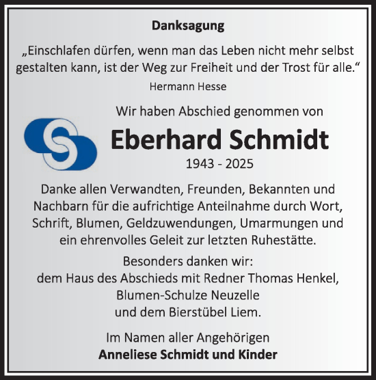 Traueranzeige von Eberhard Schmidt von WochenKurier