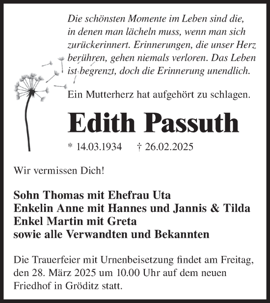 Traueranzeige von Edith Passuth von WochenKurier