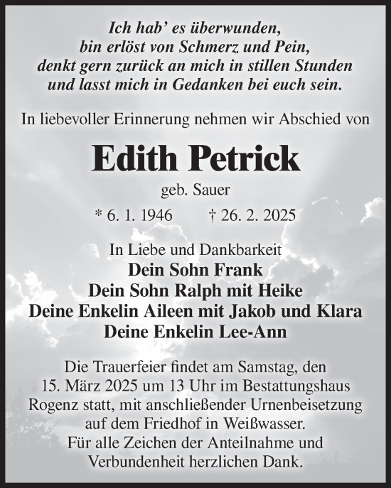 Traueranzeige von Edith Petrick von WochenKurier