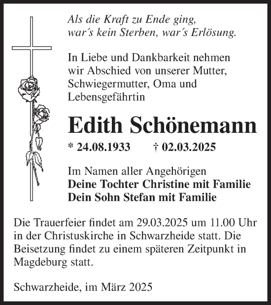 Traueranzeige von Edith Schönemann von WochenKurier