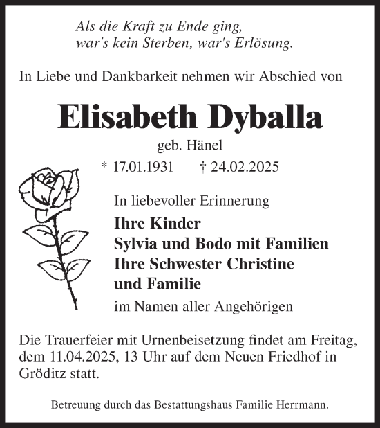 Traueranzeige von Elisabeth Dyballa von WochenKurier