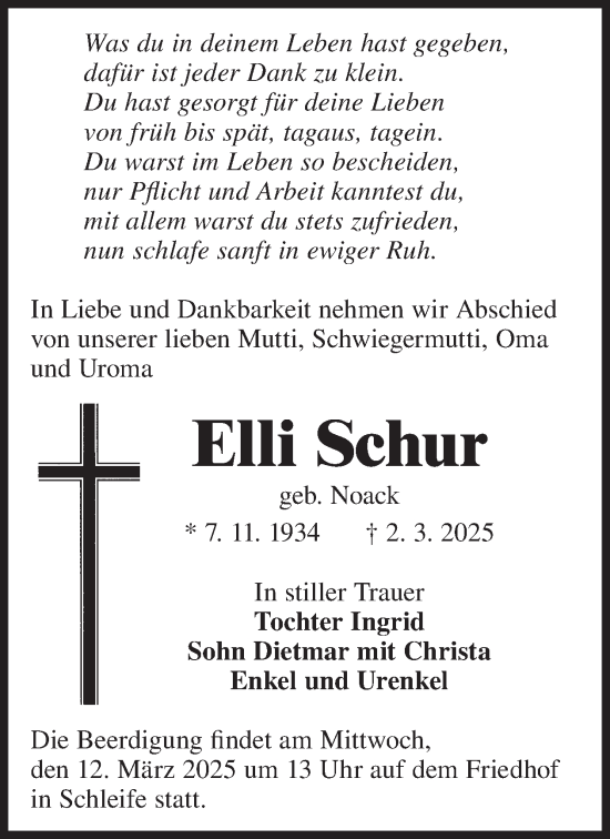 Traueranzeige von Elli Schur von WochenKurier