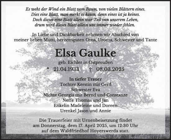 Traueranzeige von Elsa Gaulke von WochenKurier