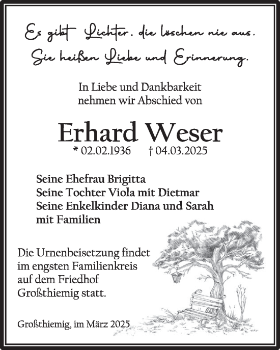 Traueranzeige von Erhard Weser von WochenKurier