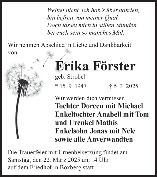 Traueranzeige von Erika Förster von WochenKurier