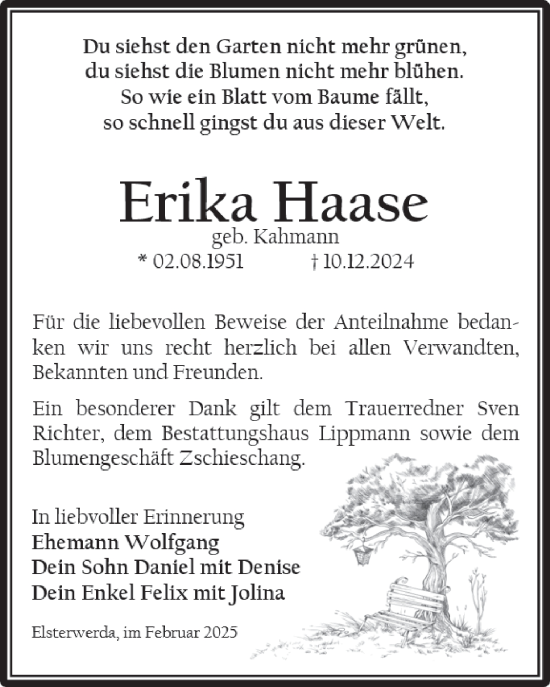 Traueranzeige von Erika Haase von WochenKurier