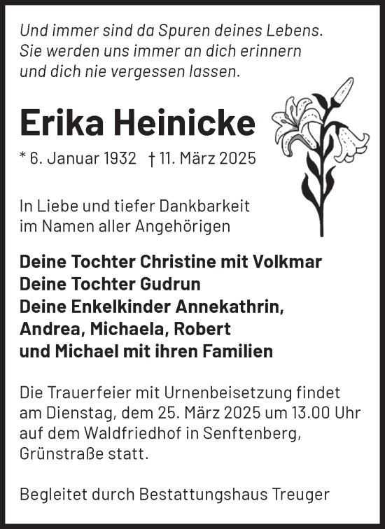 Traueranzeige von Erika Heinicke von WochenKurier