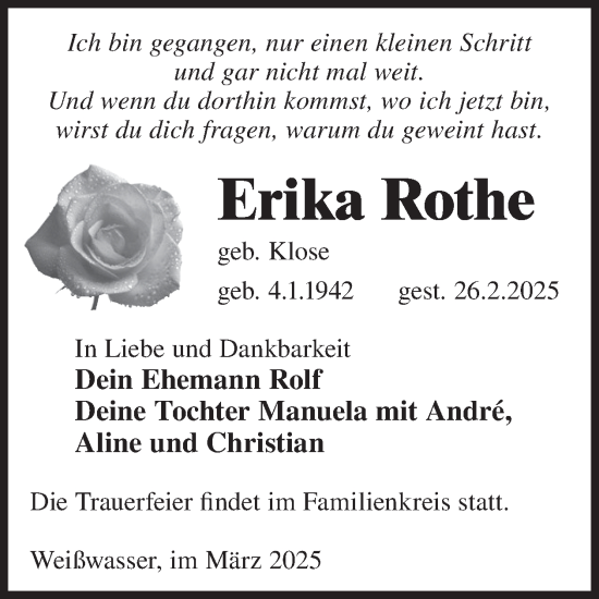 Traueranzeige von Erika Rothe von WochenKurier