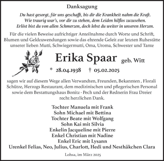 Traueranzeige von Erika Spaar von WochenKurier