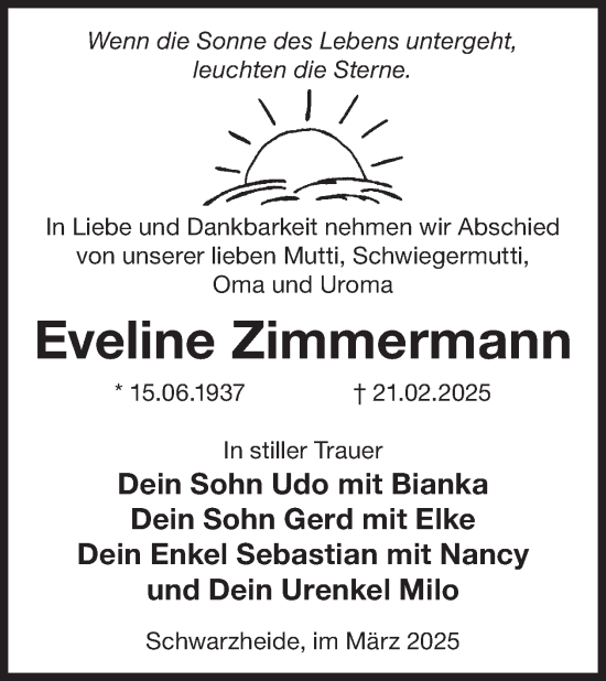 Traueranzeige von Eveline Zimmermann von WochenKurier