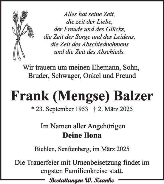 Traueranzeige von Frank Balzer von WochenKurier