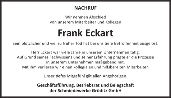 Traueranzeige von Frank Eckart von WochenKurier