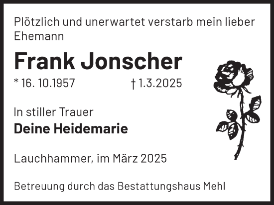 Traueranzeige von Frank Jonscher von WochenKurier