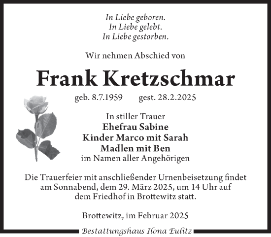 Traueranzeige von Frank Kretzschmar von WochenKurier