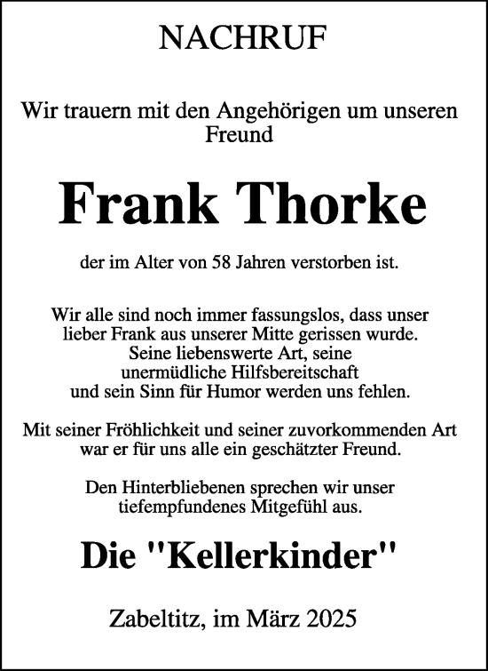 Traueranzeige von Frank Thorke von WochenKurier